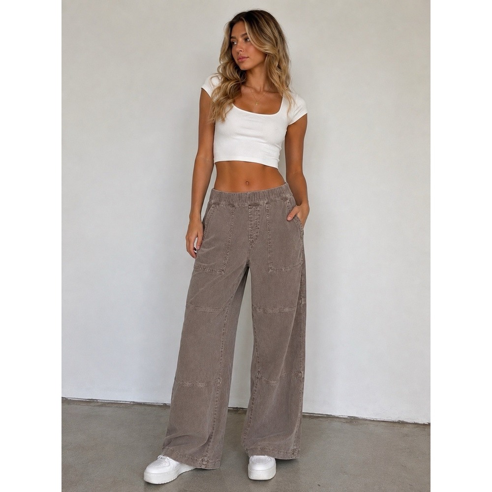 Gap High Rise Wide Leg Baggy Pull On Jeans Elastic Waist Double Knee Mushroom M